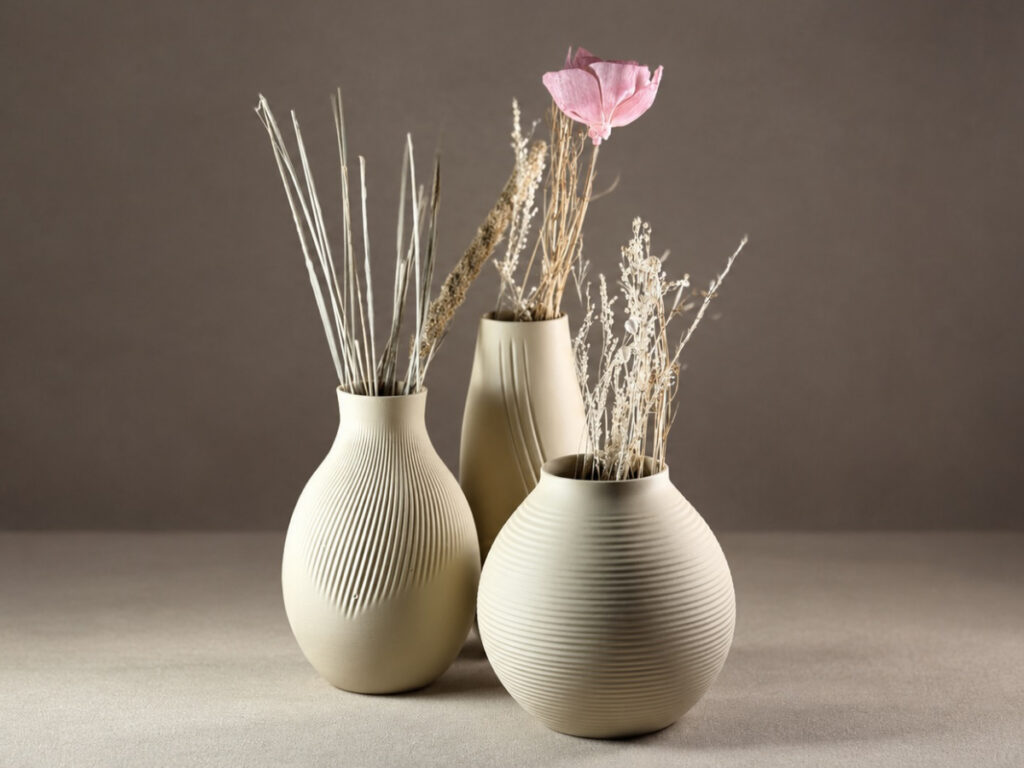Die Vasen Ame, Kawa und Tsuki mit Trockenblumen und Gräsern